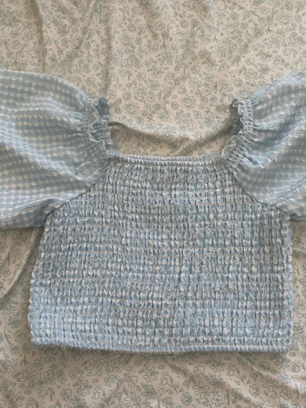art class Light Blue Smocked Gingham Puff Sleeve Crop Top
